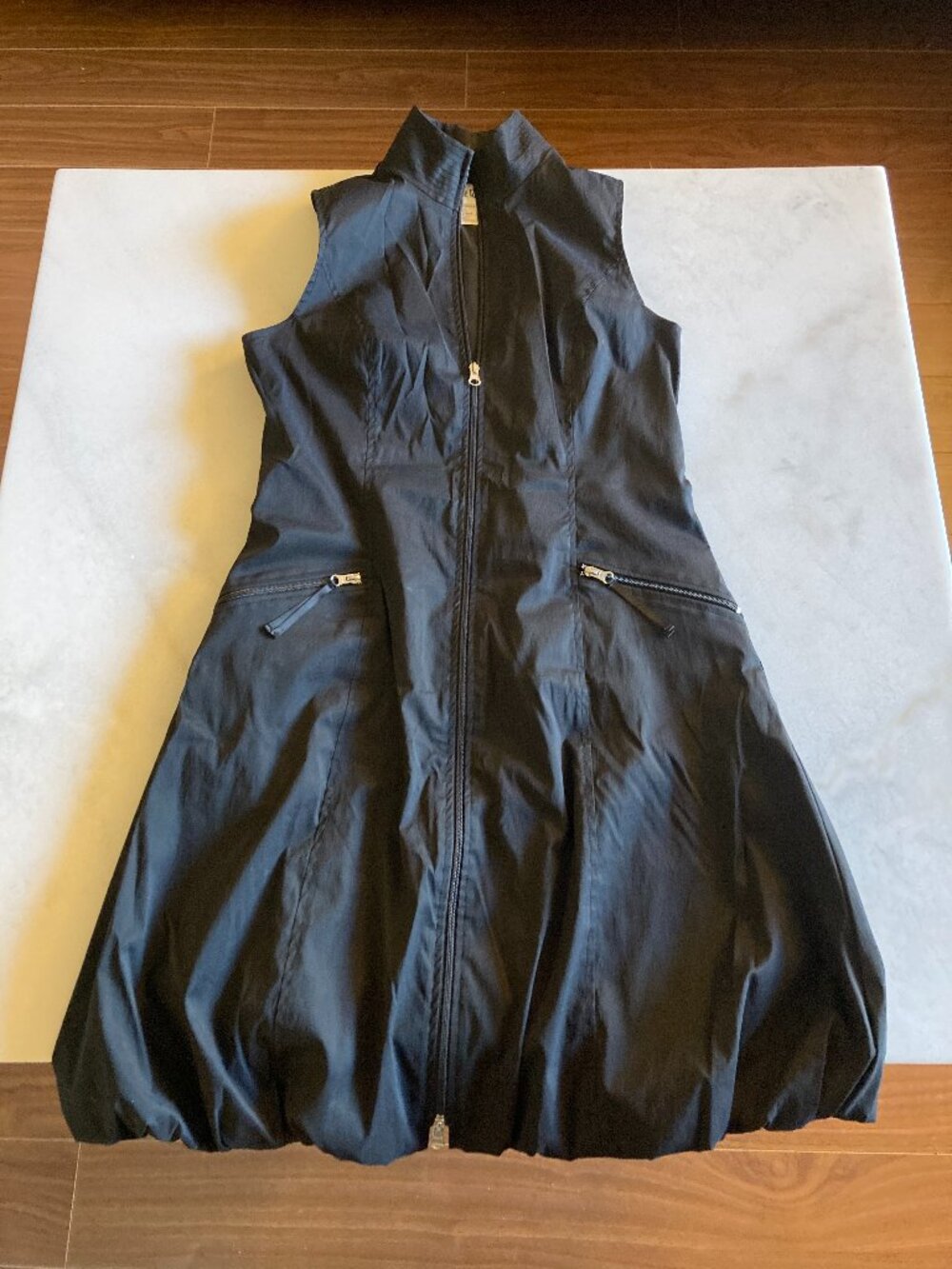 Joseph Ribkoff black dress, full length zipper. bubble hem, sleeveless high neck